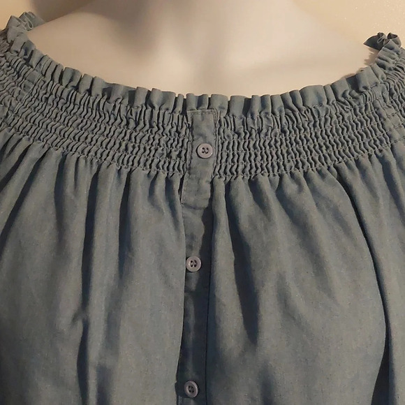 Paper Crane Smocked lightweight denim mini Tunic Sundress off shoulder M blue - Picture 6 of 8